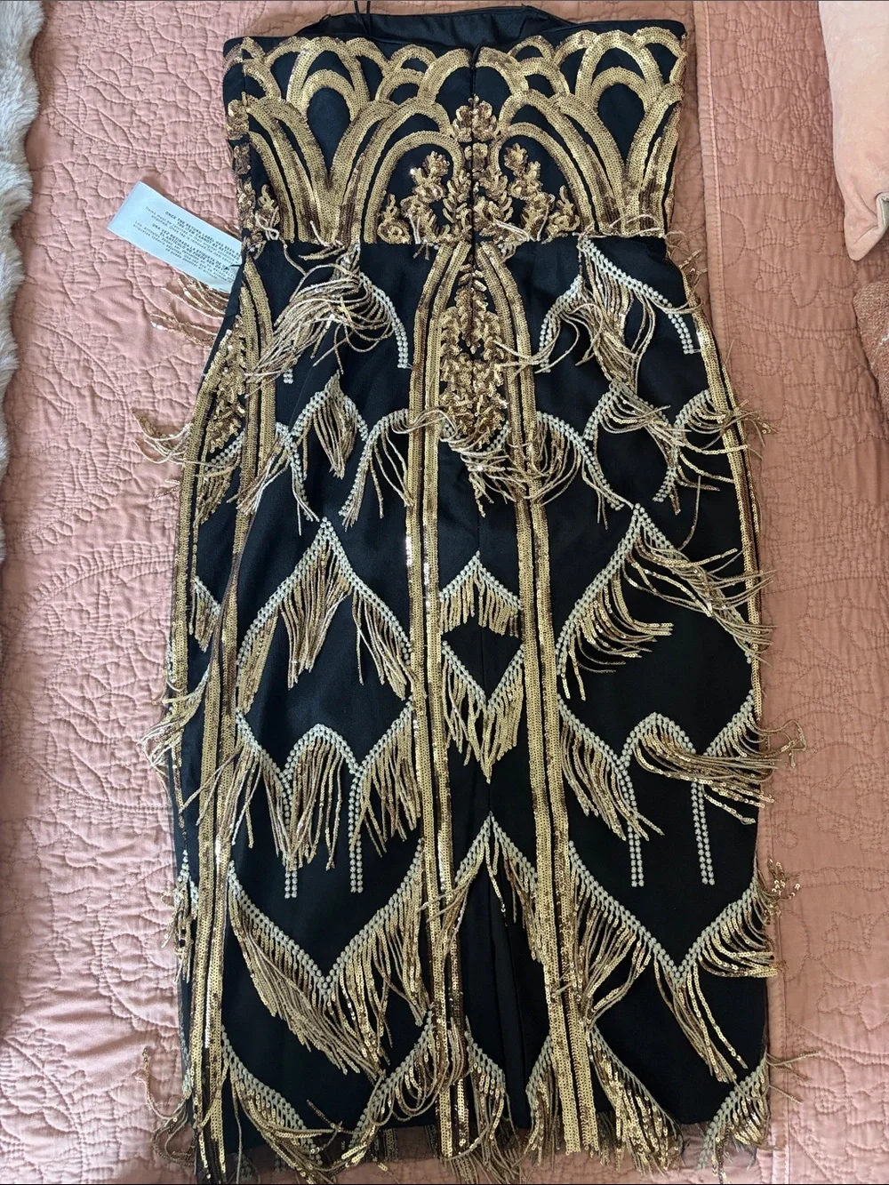 Dress the Population Strapless Black and Gold Beaded Fringe Cocktail Dress(NWT)